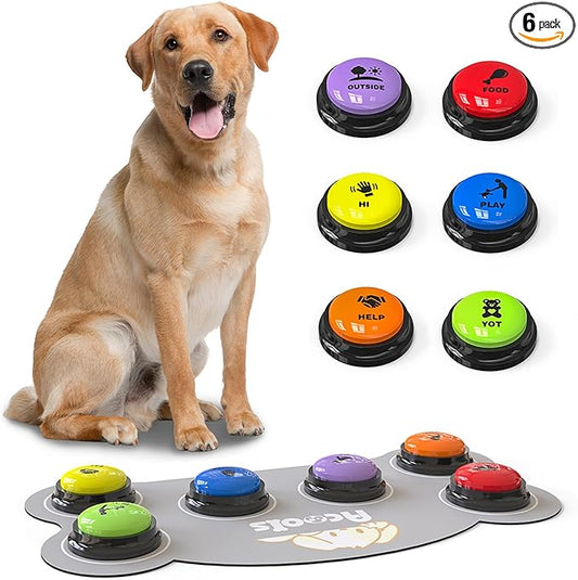 6 Piece Dog Talk Buttons, Dog Buttons for Communication with Non-Slip Mat, 30s Recordable Voice Commands To Train Pet, Dog Talking Buttons Starter Set with 48 Scene Stickers Suitable for Easy Training