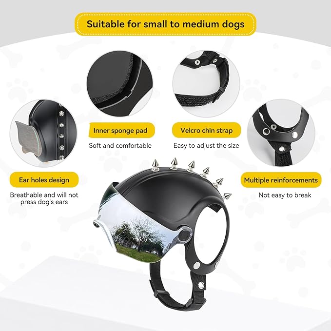 Small Dog Helmet, Pet Motorcycle Helmet with Ear Holes, Adjustable Pet Safety Hat with Flip-Up Silver Visor, Small-Medium Puppy Heads Protection, Spiked