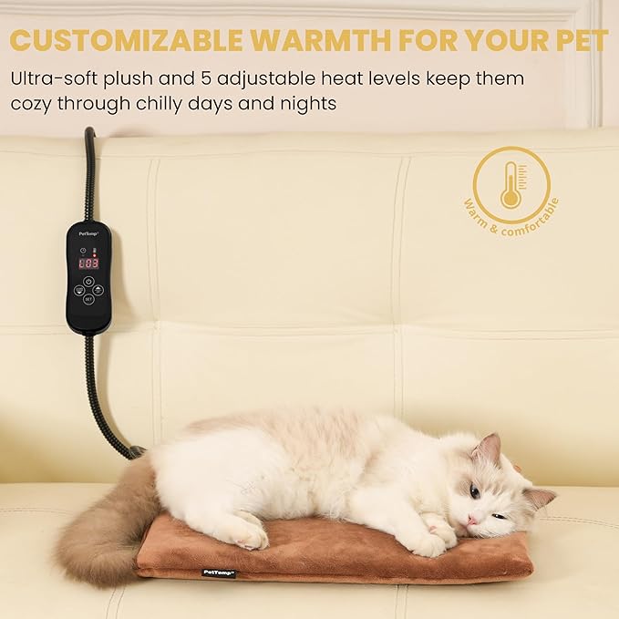 Pet Heating Pad for Cats and Dogs, Heated Cat Bed & Dog Heating Pad with 5 Temperature Levels, Waterproof Heated Pet Mat with Timer, Auto Power-Off and Chew Resistant Cord, 20'' x 16''