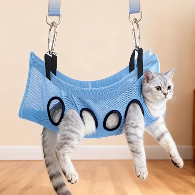 Pet Grooming Hammock with Washing Eight Hole Hammock Helper Hanging Harness for Picking Ears Nail Clipping Home (Blue)