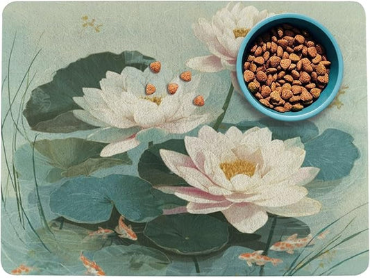 Green Lotus Pond Art Dog Food Mat-Absorbent Pet Dog Mat for Food and Water, No Stains Quick Dry Cat Food Bowl Mat,16" x 12" Pet Placemat for Dogs, Cats