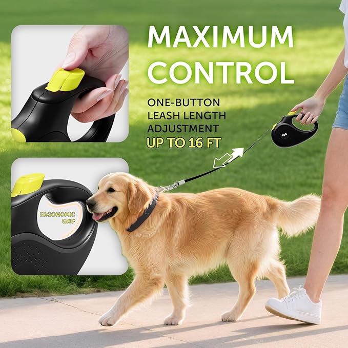 TUG 360° Tangle-Free Retractable Dog Leash | 16 ft Strong Nylon Tape (Small, Black/Yellow)