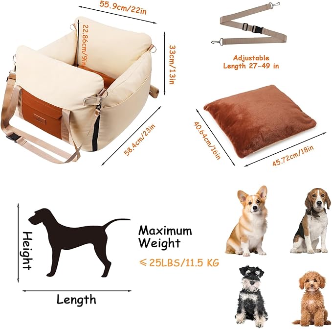 Dog Car Seats for Small Dogs, Waterproof Puppy Car Seat with Side Handles and Large Pockets, Clip-On Safety Leash and PP Cotton Filling, Pet Booster Seat for Small Dog up to 25lbs (Apricot)