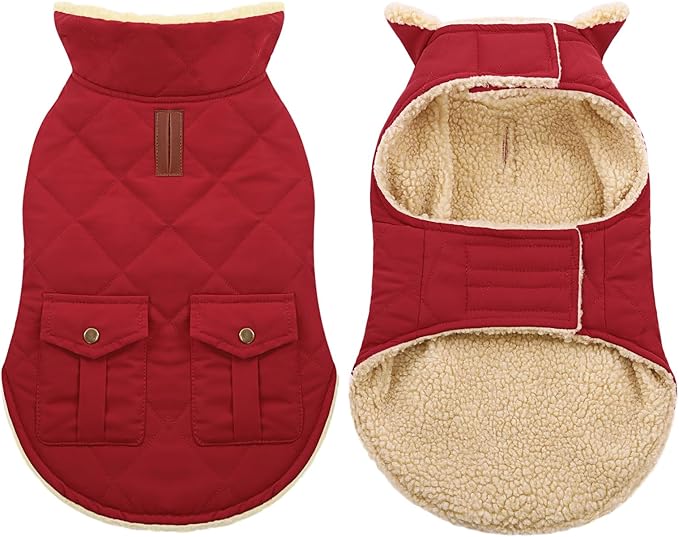 ASENKU Warm Dog Winter Coat, Waterproof Dog Coat for Cold Weather, Fleece Dogs Jacket with Ultra Thick Plush Lining Leash Hole Storage Pockets for Large Dogs (Red, X-Large)