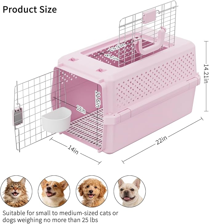RIZZARI Medium Cat Carrier for Cats & Small Dogs: Durable Hard-Sided Pet Carrier with Ventilated Design -Metal Door & Portable Handle for Safe Travel and Daily Transport (Pink, Medium)