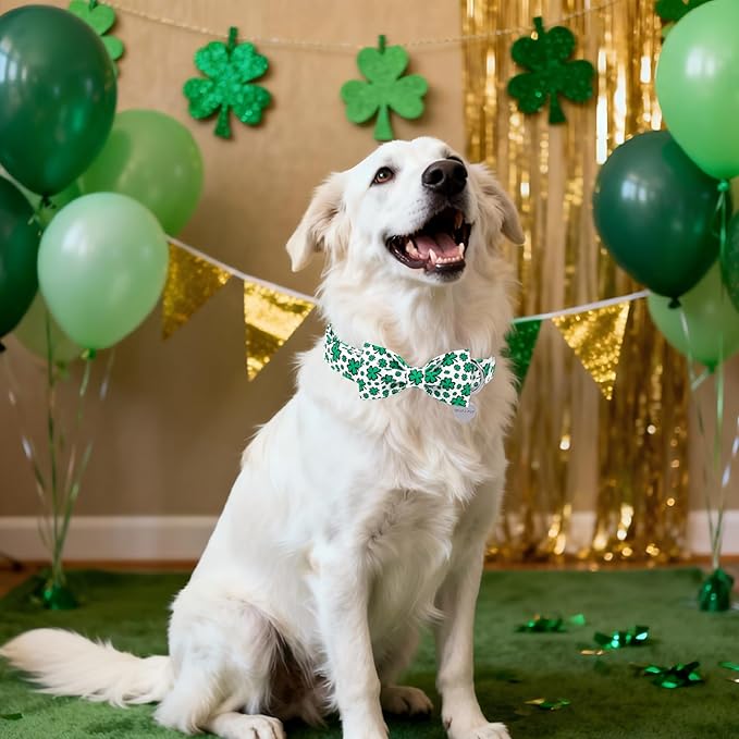 St. Patrick's Day Dog Collar with Bow Tie, Spring Shamrock Bowtie Collar for Girl Boy Dog, Lucky Clover Dog Collar with Metal Buckle, Green Collar for Dogs, XS