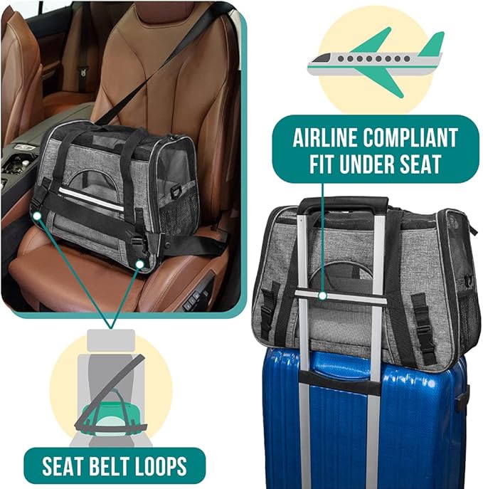PetAmi Airline Approved Pet Carrier for Cats & Small Dogs, Soft Sided TSA Travel Carrier Bag Sherpa Bed, Breathable Mesh Ventilation, Collapsible Bowl, Fit Under Seat, Up to 18 lbs, Large Heather Gray