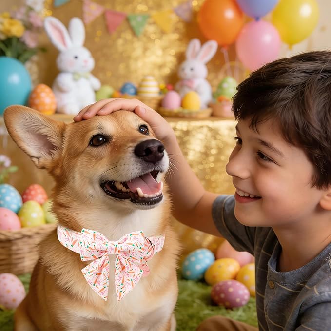 Easter Dog Collar with Bow Tie, Cotton Bunny Bowtie for Large Girl Boy Dog, Cute Rabbit Pet Collar with Metal Buckle, Gift, L