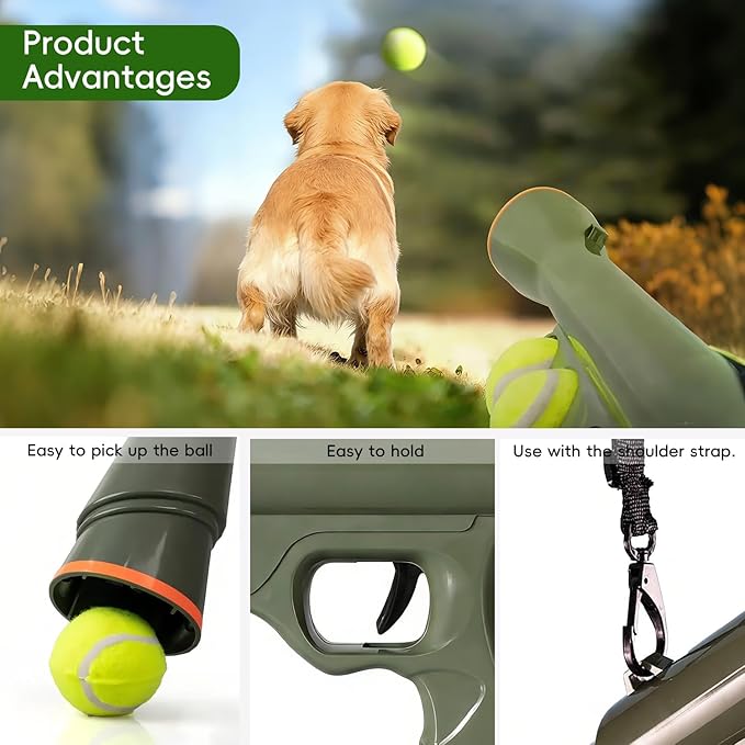 Tennis Ball Launcher for Dogs,Interactive Dog Fetch Toy Launches Up to 65 Ft,Hands-Free Ball Pickup Dog Ball Thrower with 2 Tennis Balls & Removable Shoulder Strap-24 Inch