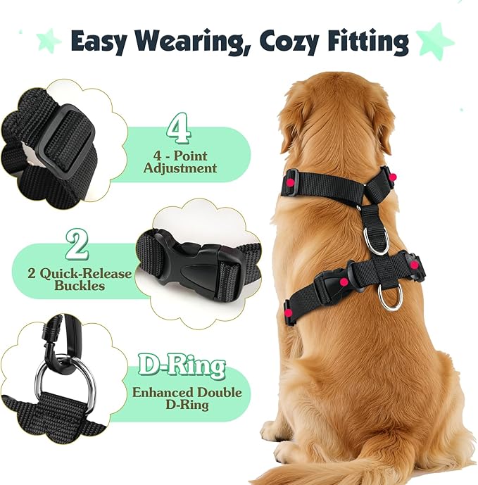 Pawaboo Dog Seat Belt Harness for Car, Dog Car Harness Seatbelt with Double Clips, Adjustable Breathable Pet Vest & Dogs Safety Tether with Elastic Bungee for Small Medium Large Pet, XL, Blue + Black