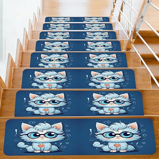 Animal Cartoon Cute Cat Stair Treads for Wooden Steps Indoor Washable Staircase Carpet 1PCS 30"x7.8" Stair Step Treads Non-Slip Staircase Covers Peel and Stick Safety Mat for Kids Elders Pets