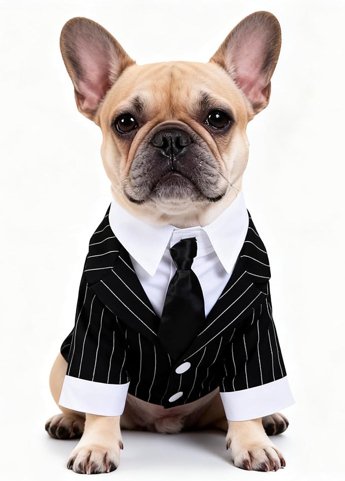 GabeFish Pets Wedding Jackets Suit for Dogs with Bow Tie Puppy Cat Formal Clothes Shirt Tuxedo (Striped, L (Chest 17.3in/44cm)