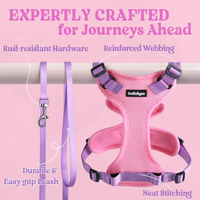 rabbitgoo Cat Harness and Leash Set, Escape Proof Vest Harness for Safe Outdoor Walks, Soft Breathable Adjustable Vest with Reflective Strips for Small and Average Cats, Pink & Purple, S