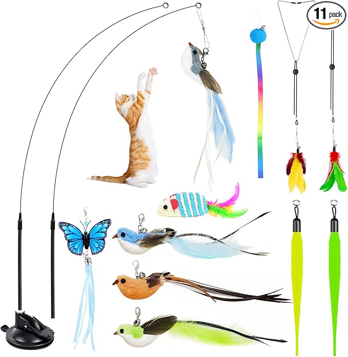 Interactive Bird Simulation Cat Toys，4 in 1 Cat Toys for Indoor Cats, 4 Replacement Birds，Hanging Door Kitten Wand with Suction Cup Removable Feathers Balls Mice Butterfly Streamers