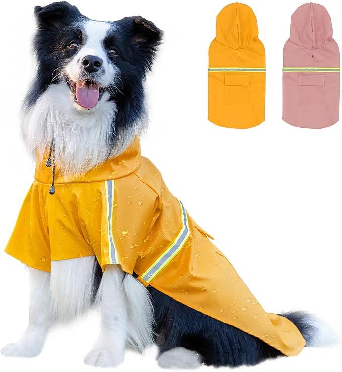 Dog Raincoat, Waterproof Windproof Dog Rain Jacket Adjustable, Rain Coat with Leash Hole, Reflective Strap Raincoat Poncho for Small Medium Large Dogs Outdoor (Reflection-Yellow, XXS)
