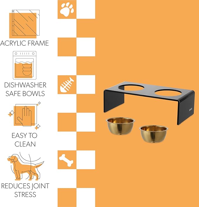 THE LICKER Store DBL2000B Keaton 5" Small/Medium Modern Lucite Rectangular Elevated Pet Feeder with 20oz 2-Stainless Steel Bowls, Black/Gold