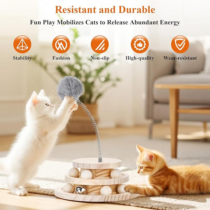 2-in-1 Wooden cat Toy Tower with Spring cat Toy Stick, Indoor Interactive Track Ball for Kittens+Bell Toy - Puzzle Solving, Exercise and Play