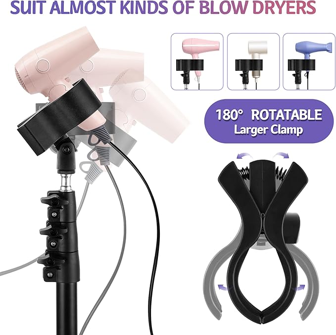 Hands-Free Hair Dryer Stand for Home Blow Drying, DIY Styling, Salon&Live Streaming Ideal for Long Hair Women Busy Moms People with Arm Shoulder Pain 36-76 Inch Adjustable Height Tripod, 360° Rotation