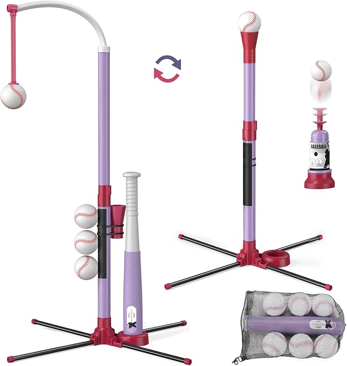 Wee Wonders 3-in-1 T Ball Set - Adjustable Height, Hanging Tee Ball Set with Automatic Pitching Machine/6 Balls/Retractable Bat, TBall Stand Suit for Outdoor, Sport Toys Gifts for Kids Girls Age 3+
