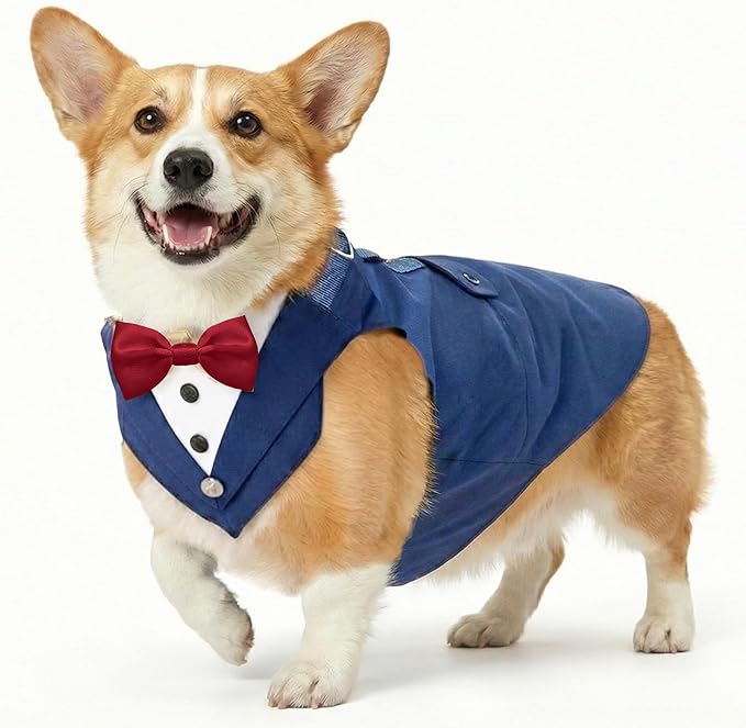 AVERYDAY 2 Pcs Dog Tuxedo & Bandana Set, Dog Suit Costume with Bowtie for Wedding Outfit, Pet Tux Harness with Leash Ring for Party Birthday Christmas, Formal Wear for Small Medium Large Breed