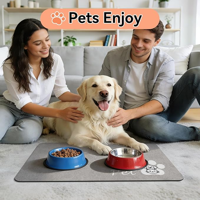 Dog Cat Feeding Mat-Absorbent Pet Bowl Mat for Food and Water, Quick Dry Water Dispenser Mat for Floors with Waterproof Rubber Backing, Puppy Cat Placemat Mats for Messy Drinkers,12"x20",Grey