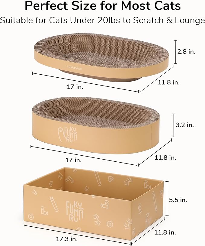 FUKUMARU 3PCS Cardboard Cat Scratcher, Durable Oval Cat Scratch Pad Bed Bowl for Indoor Cats, Round Cats Scratching Board with Kitten Scratcher Box, Couch Sofa Furniture Protector