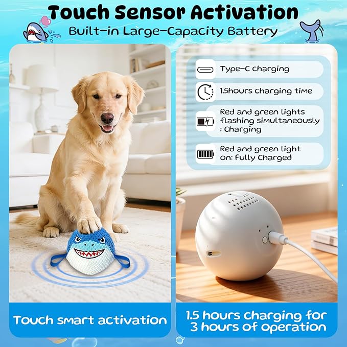 Interactive Dog Toys Bouncing Ball, USB Rechargeable Jumping Squeaky Dog Toy to Keep Them Busy, Fun Moving Toy for Active Dogs, Ideal for Indoor Play, Not for Aggressive Chewers (Blue Shark)