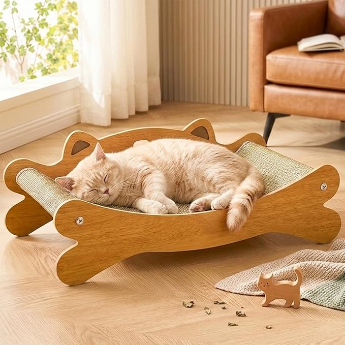 Cat Scratcher Bed for Indoor Cats - Summer Cool Hammock, 23.2″ Large Scratching Lounge with 40 lbs Weight Capacity, Wooden Modern Cat Scratching Post & Pad Furniture