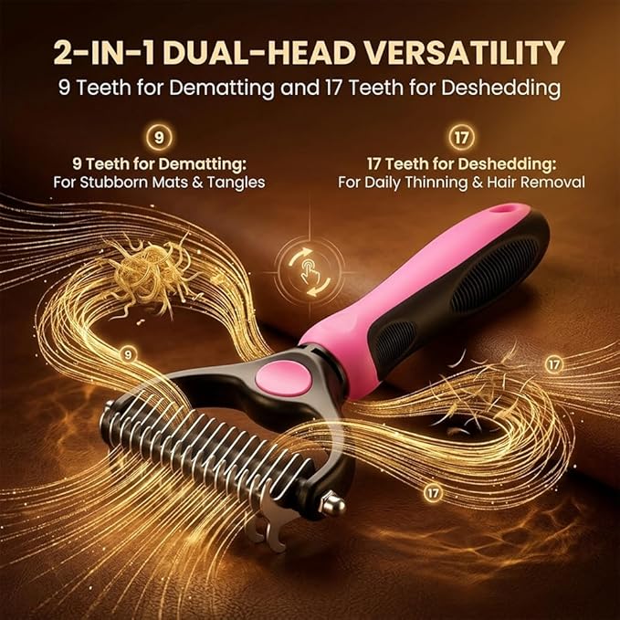 Sakerplus Double-Sided Pet Grooming Rake,Dematting Undercoat Rake for Dogs and Cats, 2-in-1 Dematting Comb, Pet Grooming Rake for Long Hair Pets (Pink, small)