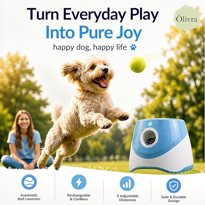 Automatic Dog Ball Launcher, Dog Ball Thrower Machine with 10-30 Ft 3 Launching Distance, Interactive Toys for Small Dogs Indoor & Outdoor with 6 Mini Tennis Balls (2 inch), Rechargeable, Blue