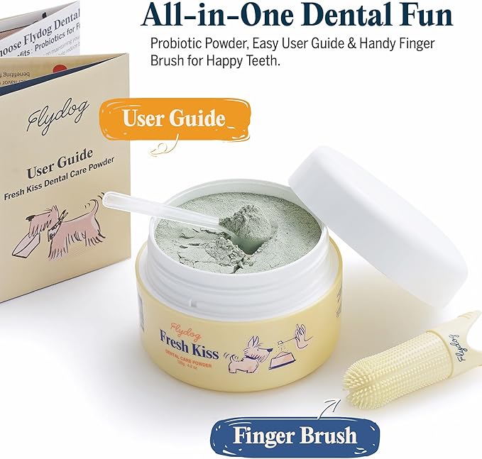 Flydog Fresh Kiss Dog Dental Powder with Finger Brush - Probiotic Breath Freshener for Dogs, Helps Reduce Plaque & Tartar, Beef Flavor, All Natural