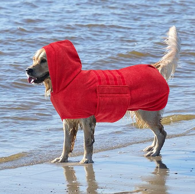 Geyecete Dog Drying Coats with Hood - Dog Towels Absorbent Robe - Fast Drying Super Absorbent - Red - XL