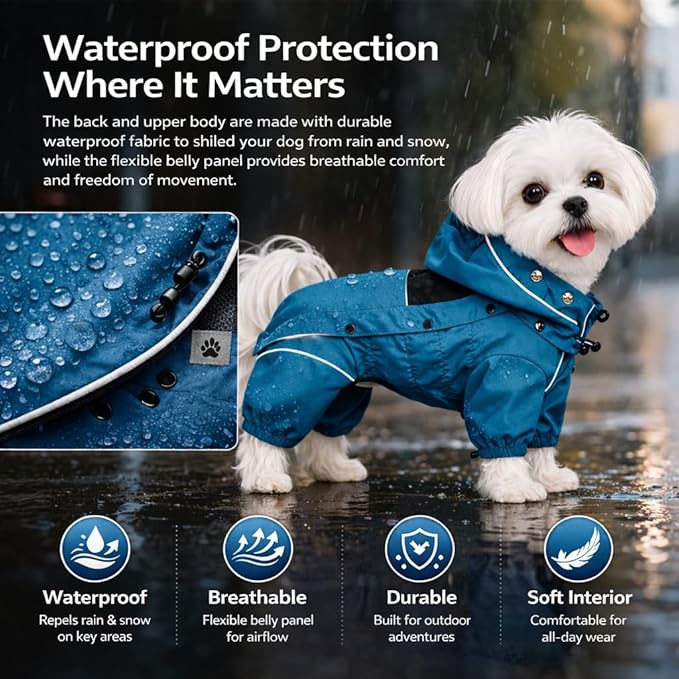 LOVELONGLONG Waterproof Dog Raincoat with Removable Hood – Outdoor Full Body Dog Jacket, Windproof Snowproof Shell Suit – All Season Pet Rain Gear Ocean Teal XS