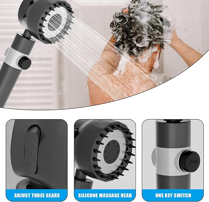 Handheld high-pressure shower head, with hose combination set, filter and various spray modes, Adjustable bracket,one-key switch, clean tiles, bathtubs and pets