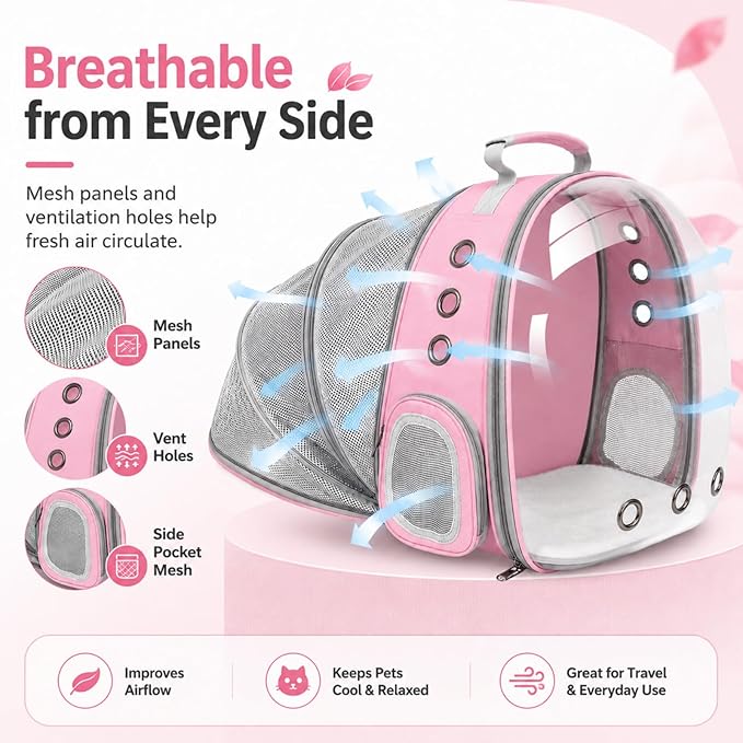 Expandable Cat Carrier Backpack for Cats & Dogs, Bubble Window Pet Travel Backpack with Breathable Mesh, Anti-Collapse Structure, Side Door, Safety Leash, for Vet Visits, Hiking, Outdoor, Pink