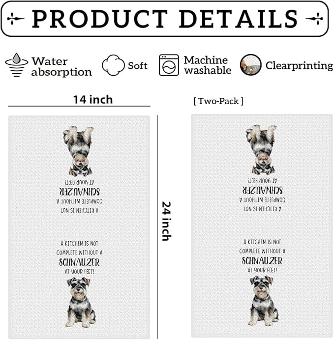 2Pcs Schnauzer Kitchen Towels 24x14 Inch, Schnauzer Gifts for Woman Mom, Reusable Waffle Weave Microfiber Absorbent Hand Tea Dish Towels for Kitchen Bathroom Decor, Dog Lovers Gifts for Women Friend
