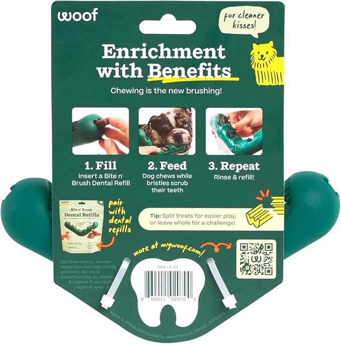WOOF The Bite n' Brush - Dog Toothbrush Toy - Scrub Plaque and Tartar from Your Dog's Teeth and Mouth - Dog Dental Chew Toy - Large