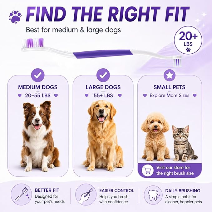 Dog Toothbrush – Newly Upgraded Dual-Head Design with 60° Wavy Bristles–Gently Surrounds Teeth for Deep Cleaning and Plaque Removal – Non-Slip Handle, Ideal for Daily Pet Dental Care (Purple, 2-Pack)