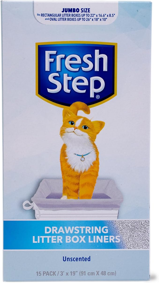 Fresh Step Jumbo Drawstring Cat Litter Box Liners X-Large Oval Rectangle Pans Heavy Duty Unscented 36 x 19 Inch 15 Count Leak Proof Easy