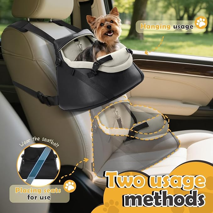 WOYYHO Luxurious Dog Booster Car Seat Designed for Tiny Dogs up to 7 lbs, Vegan Leather Pet Dog Car Seat with Safety Belt & Soft Flannel Liner for Teacup Yorkie, Chihuahua, Maltese, Small Dogs Cats