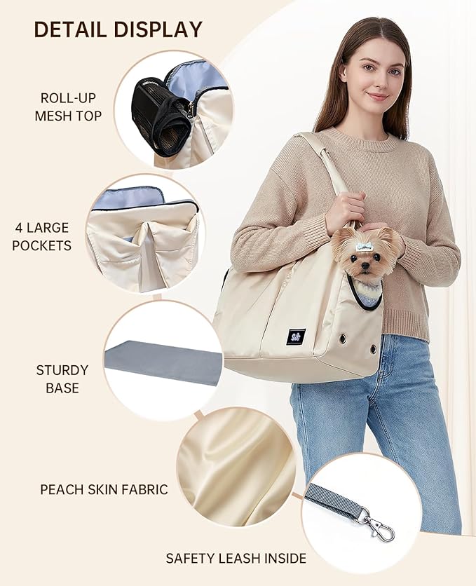 Dog Purse Carrier for Small Dogs Cats & Puppies, Soft-Sided Collapsible Pet Bag with 4 Large Pockets & Support Cushion, Breathable Lightweight Travel Carrier Fits Pets up to 13 lbs, Beige
