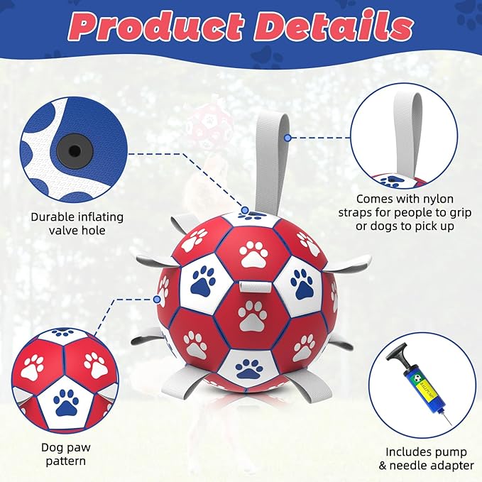 Diman Dog Toy Balls for Large Dogs, 7 Inch Soccer Ball for Dogs with Straps, World Cup Herding Ball for Outdoor Fun, Pet Birthday Gifts, Durable Dog Balls for Medium Large