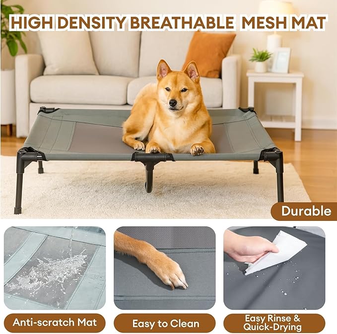 FUNNY FUZZY Elevated Dog Bed with Canopy,Grey, Large(36"x30"x7")–Outdoor Pet Cot with UV Protection, Breathable Mesh for Cooling, Indoor & Outdoor Use for Dogs up to 120 lbs
