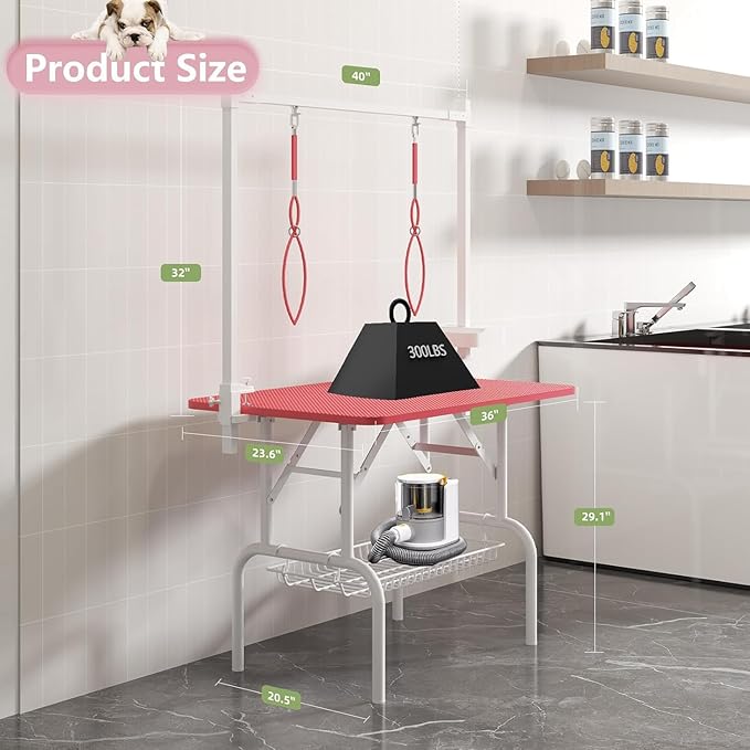 Professional Dog Pet Grooming Table Adjustable Heavy Duty Portable w/Arm & Noose & Mesh Tray (Pink, 46")
