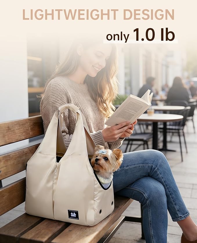 Dog Purse Carrier for Small Dogs Cats & Puppies, Soft-Sided Collapsible Pet Bag with 4 Large Pockets & Support Cushion, Breathable Lightweight Travel Carrier Fits Pets up to 13 lbs, Beige