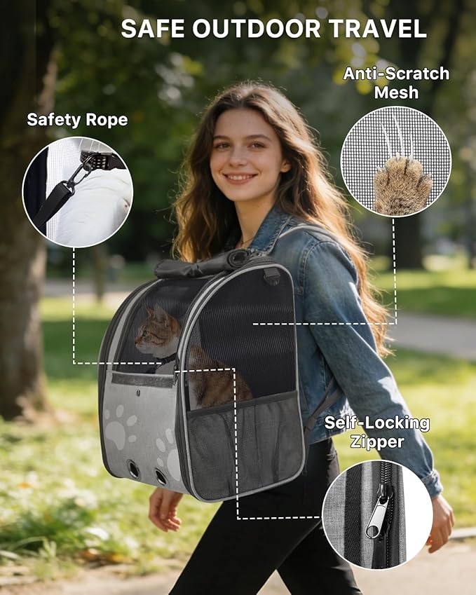 Cat Backpack Carrier with Comfort Handle, Ventilated Cat Backpack with Reflective Strips, with Chest and Shoulder Buckles, Foldable Cat Carrying Backpack for Kitty Small Dog up to 15lbs(Grey).