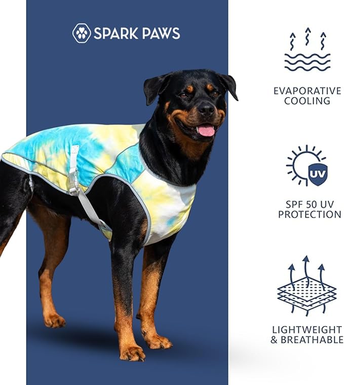 Spark Paws Dog Cooling Vest - SPF 50 UV Sun Protection - Summer Heat Relief Gear for Dogs, Lightweight, Evaporative Cooling - Dog Anxiety Relief Vest During Hot Days - Tropical Storm, 2XL