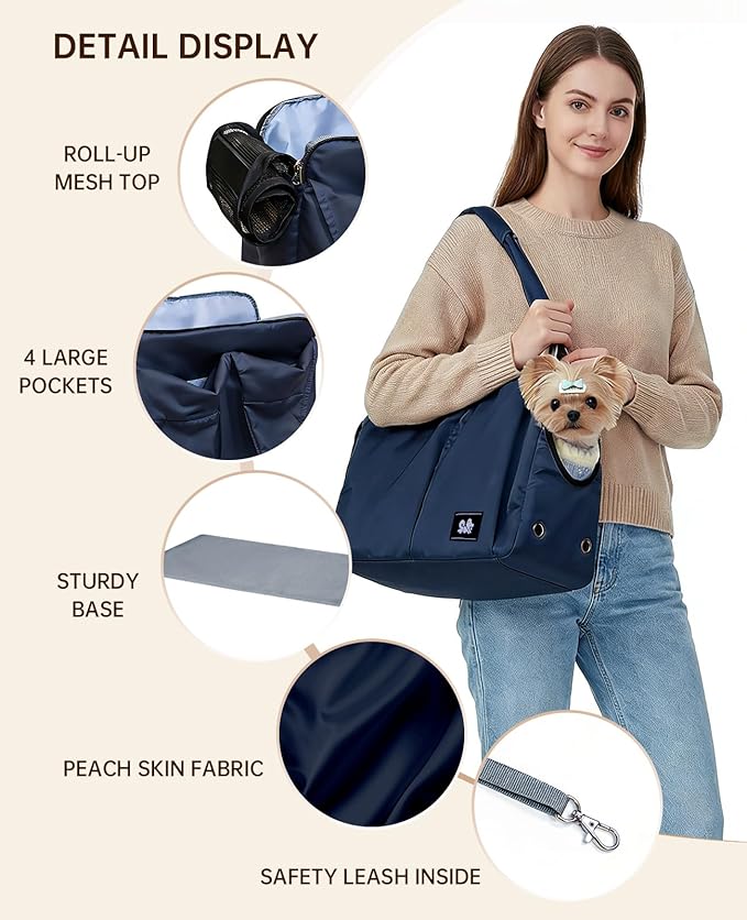 Dog Purse Carrier for Small Dogs Cats & Puppies, Soft-Sided Collapsible Pet Bag with 4 Large Pockets & Support Cushion, Breathable Lightweight Travel Carrier Fits Pets up to 13 lbs, Blue