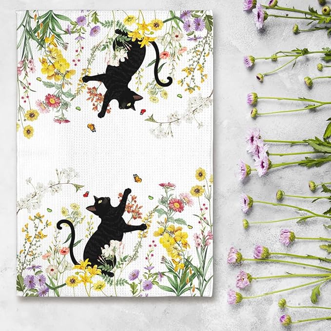 2-Pack Black Cat & Floral Kitchen Towels Decorative Set - Playful Feline Set-Quick-Drying Decorative Design Hand Towels for Cooking, Bathroom Decor - Purrfect Funny Gifts for Cat Lovers for Women