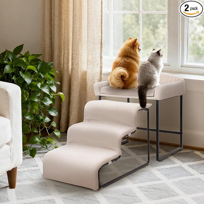 Dog Window Perch with Stairs,Pet Steps for Small Dogs &Cat,Pet Bunk Bed Dog Steps with Seat Elevated Platform Bed Indoor Dogs Ramp Ladder with Foam Upholstery